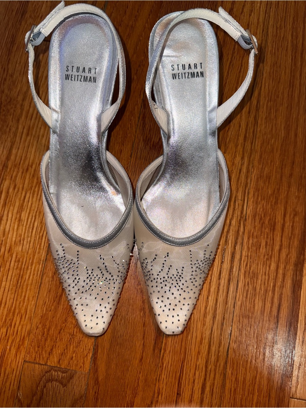 Stuart Weitzman slingback pumps sheer mesh upper with crystals and a pointed toe